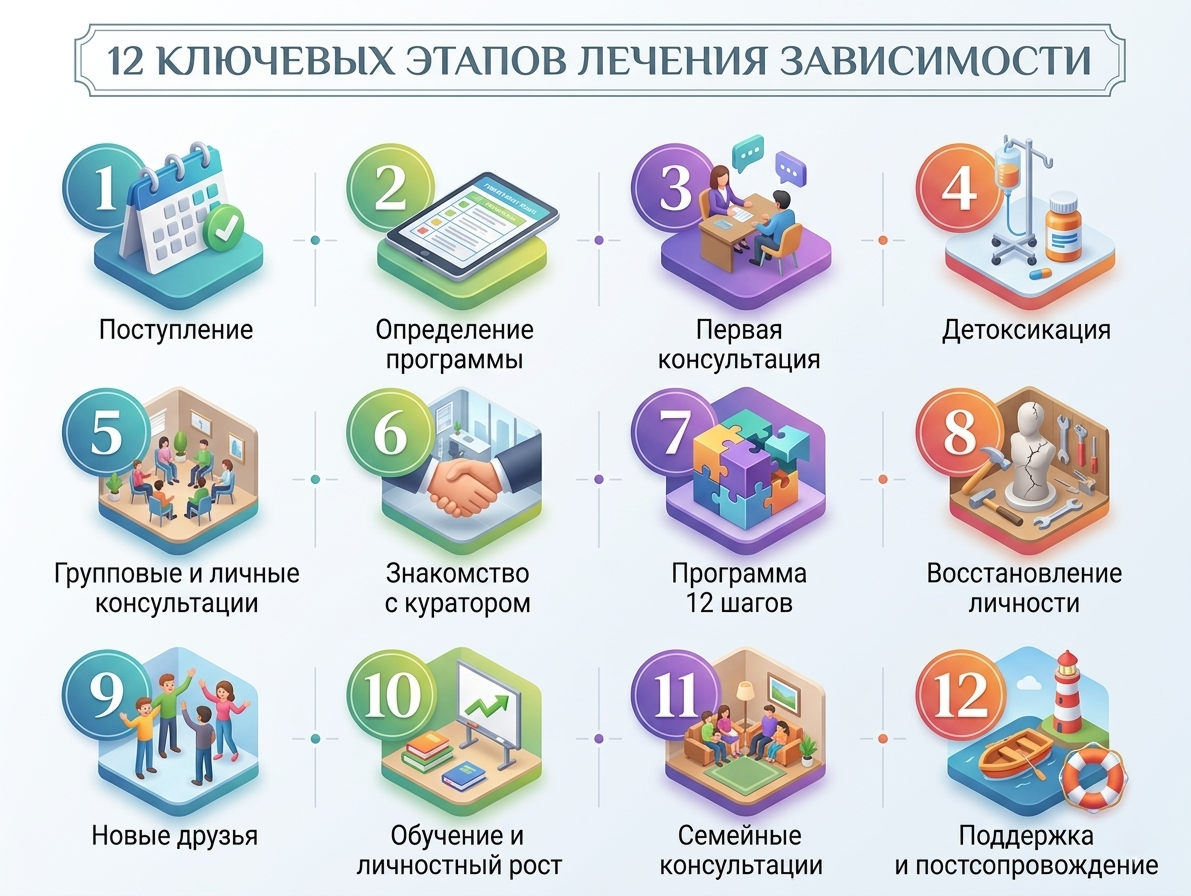 Инфографика с 12 этапами лечения зависимости от поступления до постсопровождения — программа реабилитационного центра.
